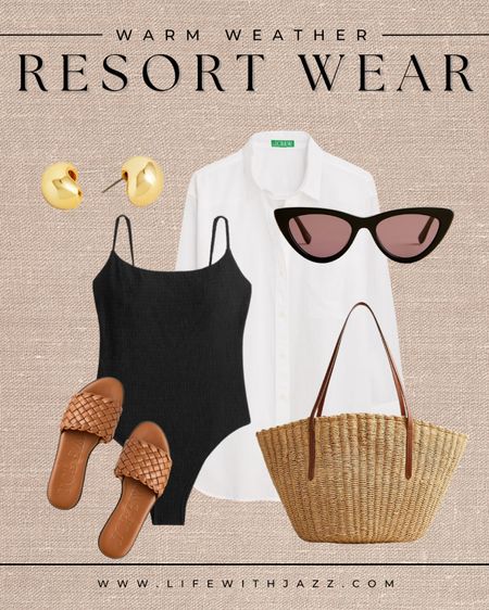 Chic resortwear inspo from Abercrombie 🖤

Cover up  / swimsuit / one piece / sandals / gold earrings / straw bag / sunglasses / chic / vacation / beach / travel outfit 

#LTKstyletip #LTKtravel #LTKSeasonal