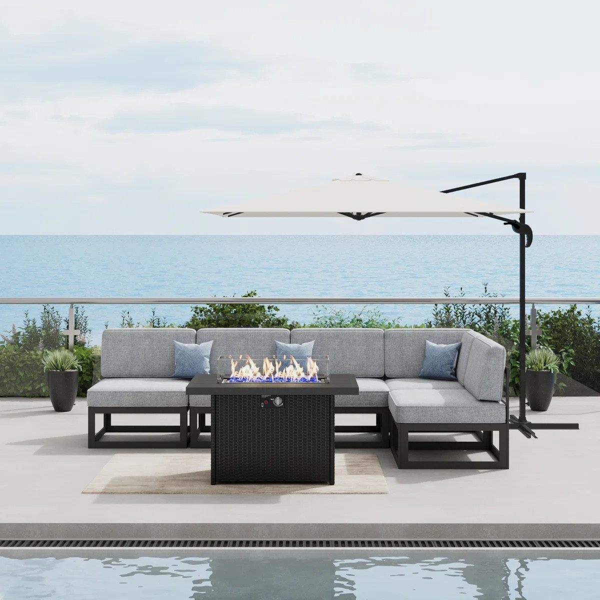 6 Pieces Modern Aluminum Patio Furniture Set With Fire Table, Outdoor Modular Sectional Conversat... | Wayfair North America