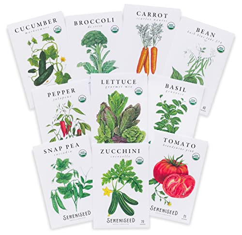 Sereniseed Certified Organic Vegetable Seeds (10-Pack) – Non GMO, Open Pollinated - Basil, Snap Pea, Broccoli, Bean, Jalapeno, Tomato, Lettuce, Cucumber, Carrot, Zucchini Seeds for Planting | Amazon (US)
