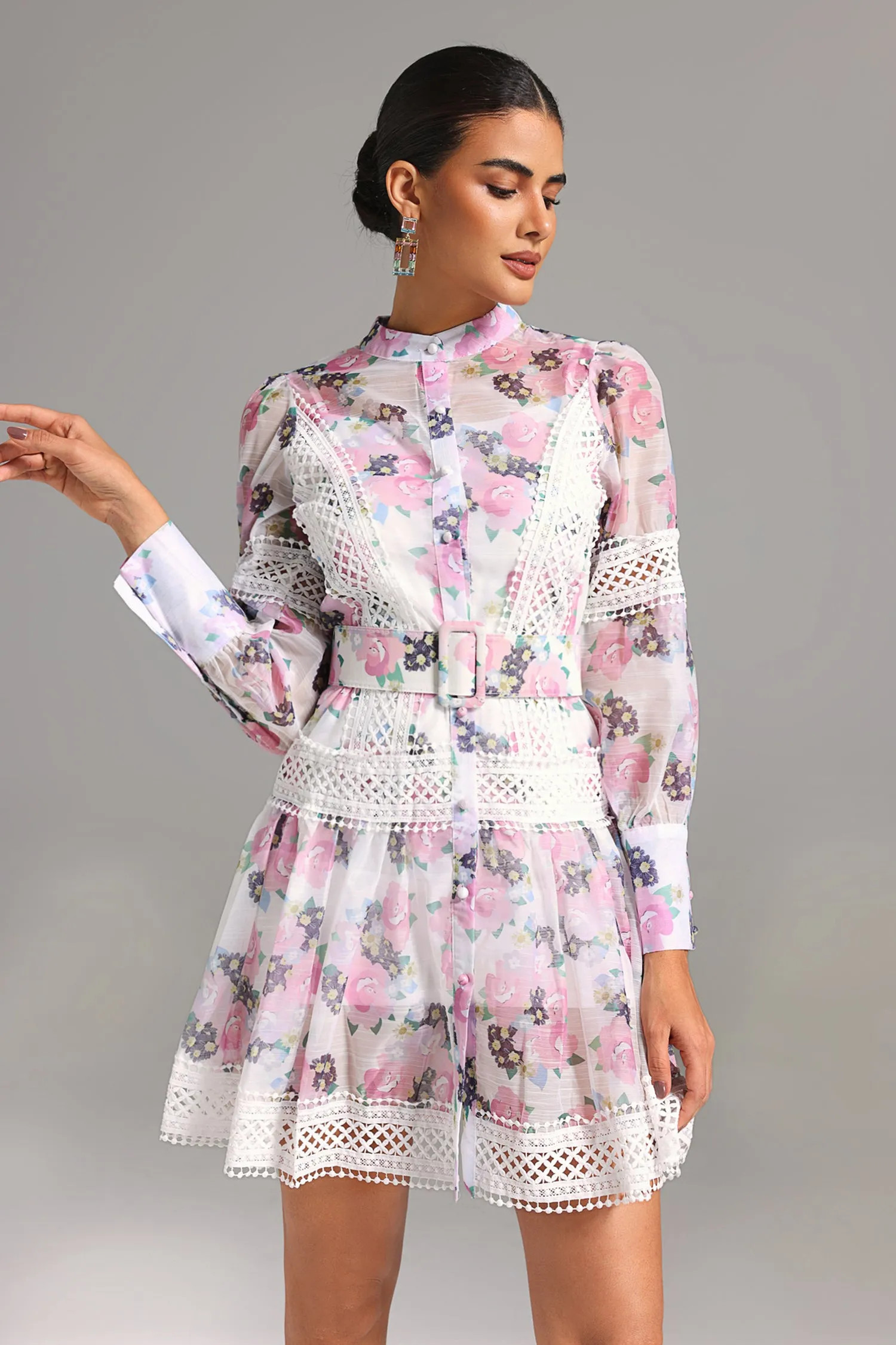 Jacqueline Floral Printed Lace Mini Dress | Bellabarnett Affiliate Marketing