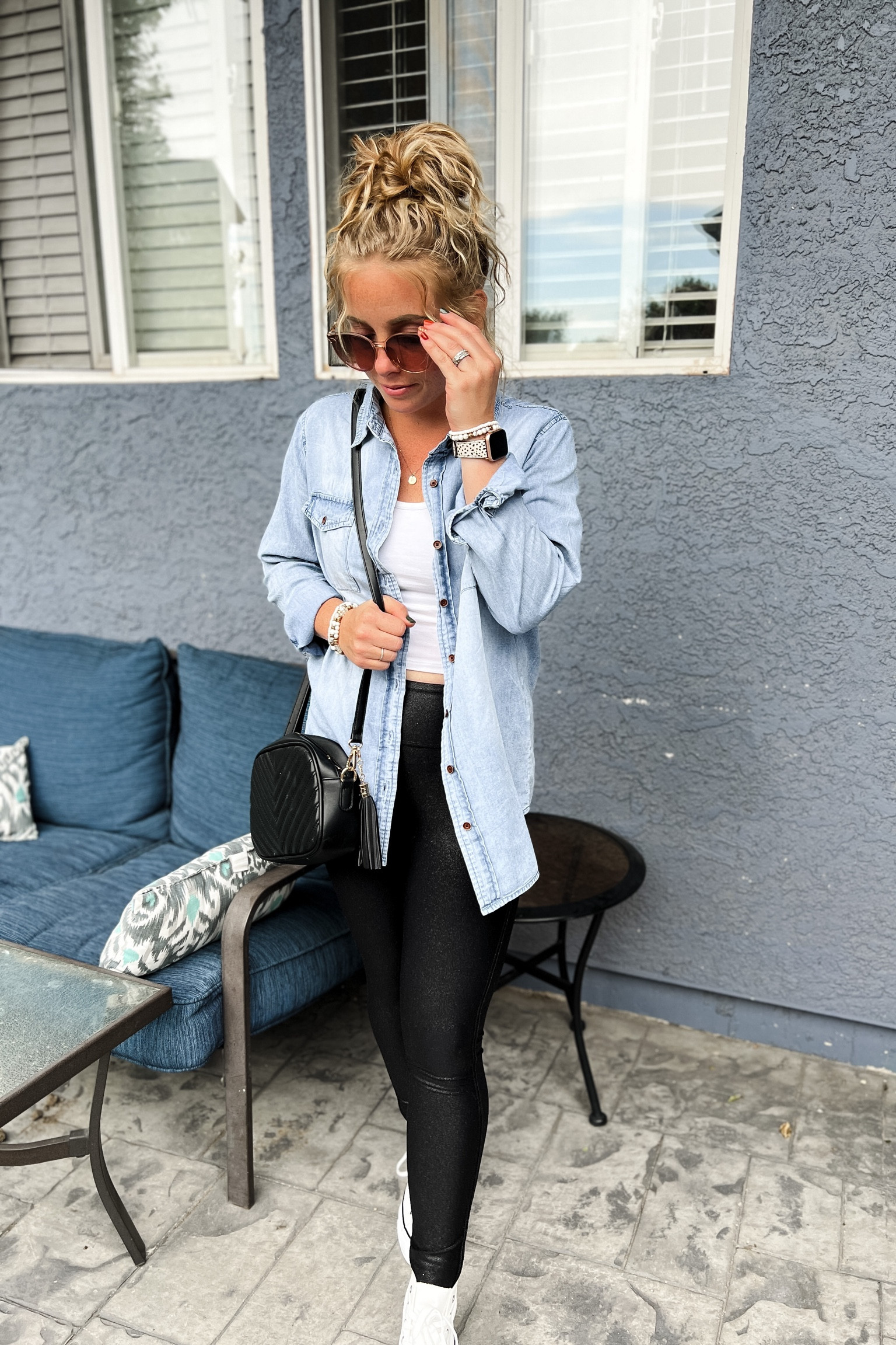 Casual outfit idea with a button down chambray shirt (sized up to a medium for a looser fit), cropped top, faux leather leggings, black crossbody bag and high top platform sneakers. Everything fits tts. 

//Amazon outfit ideas, casual outfit ideas, casual fashion, amazon fashion, found it on amazon, amazon casual outfit, cute casual outfit, outfit inspo, outfits amazon, outfit ideas, Womens shoes, amazon shoes, Amazon bag, purse, size 4-6, winter outfit Amazon, early spring outfits, #ltksalealert #ltkfindsunder100 #ltkshoecrush 

#LTKitbag #LTKfindsunder50 #LTKstyletip