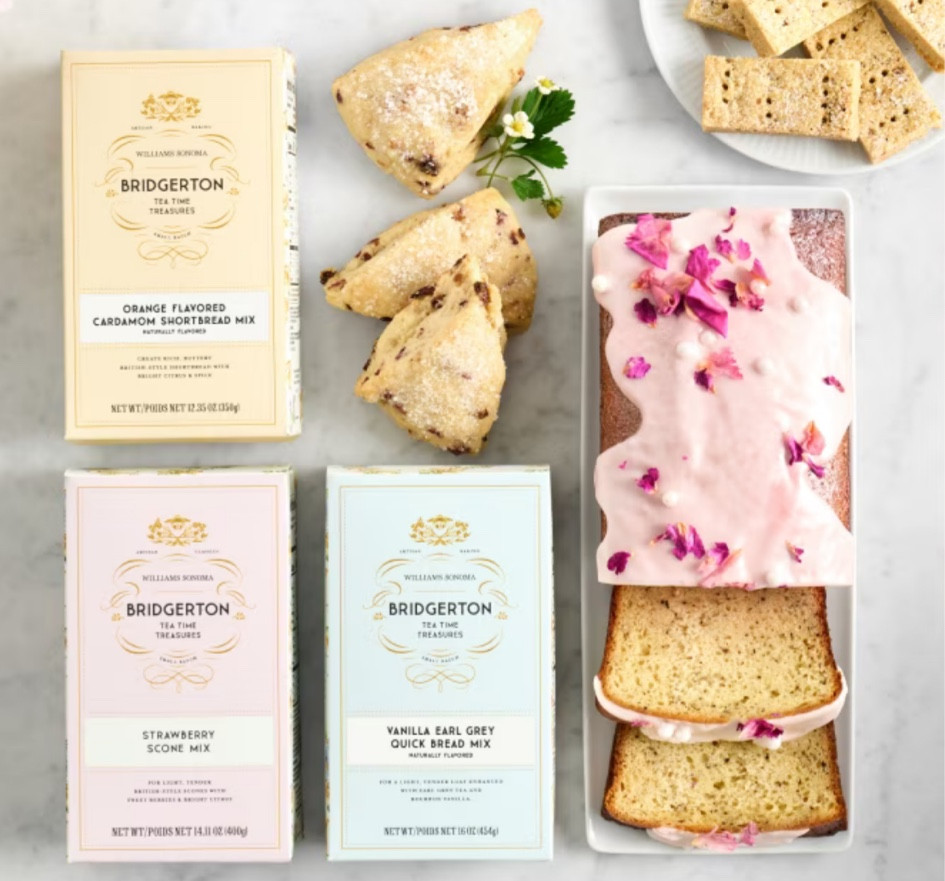 William Sonoma Bridgerton Strawberry Scone Mix, Bridgerton Vanilla Earl Grey Quick Bread Mix, Bridgerton Orange Cardamom Shortbread Mix.

Lady Whistledown has decreed tea and cake to be the perfect pairing, and our mix brings them together in a most delicious way. Featuring the warm essence of Bourbon vanilla and the tang of Earl Grey tea, the quick bread is easy to prepare with just a few fresh ingredients. Serve the tender, aromatic loaf with a dusting of powdered sugar, a drizzle of glaze and a scoop of the latest scandal.

#LTKhome #LTKGiftGuide #LTKstyletip