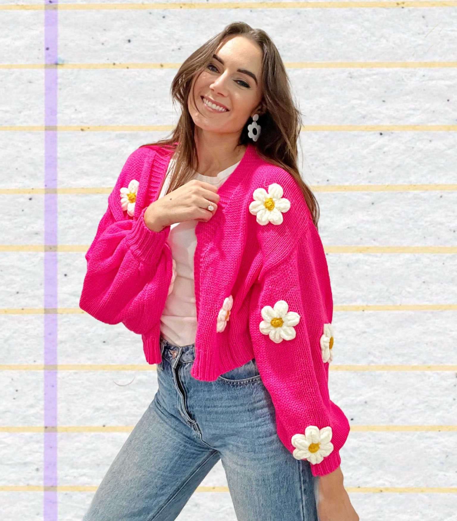 This SHEIN bright pink cropped cardigan has the cutest puff sleeve shape and knit flower details! It goes perfectly with my white flower earrings! I’m wearing a small, but easily could have sized up for a slightly larger fit.  I would suggest ordering your true size or one size up! #teacherstyle #teacherfit #teacherfashion #flowercardigan 

#LTKunder50 #LTKworkwear #LTKfit