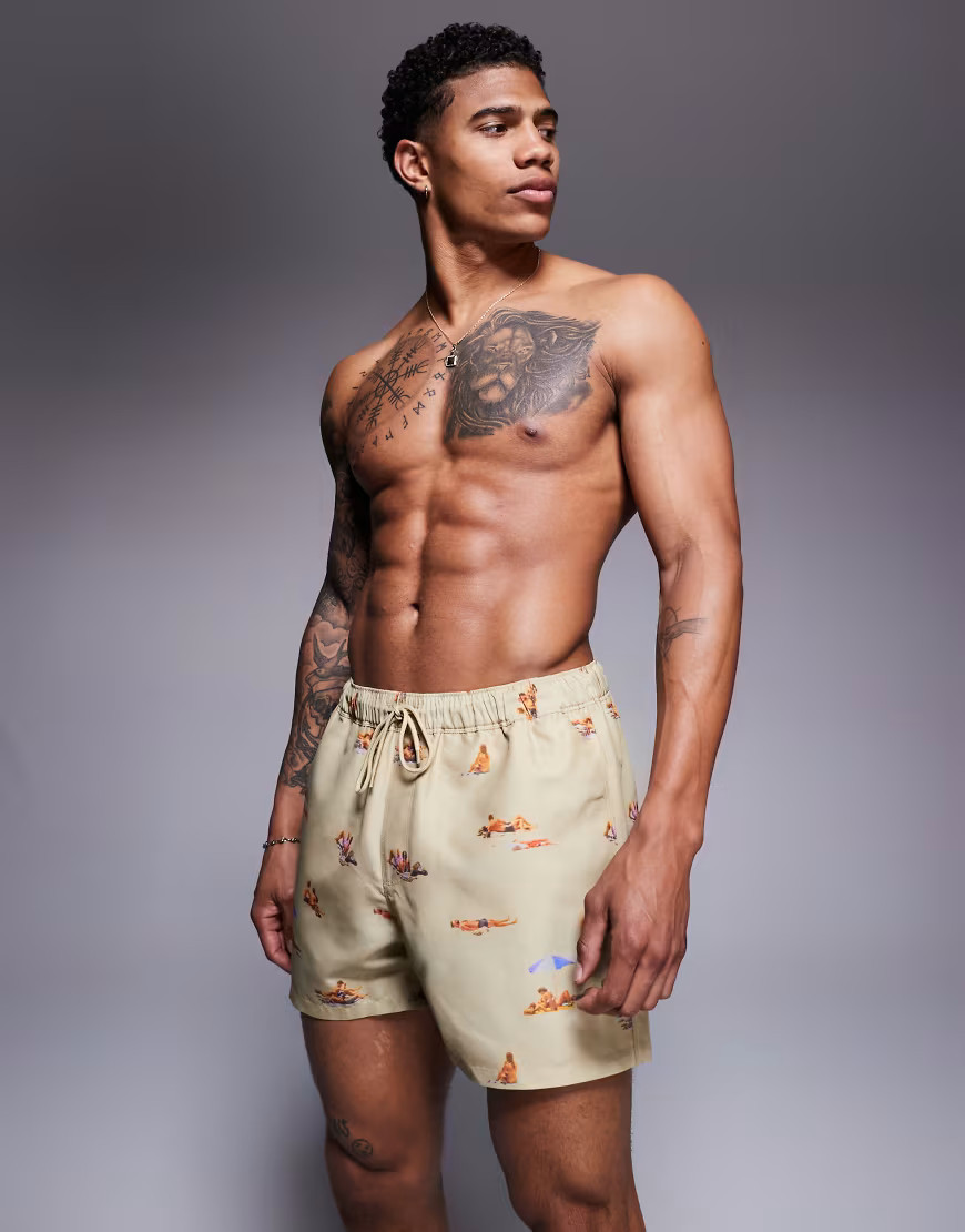 ASOS DESIGN swim shorts in short length with beach print in stone-Neutral | ASOS (Global)