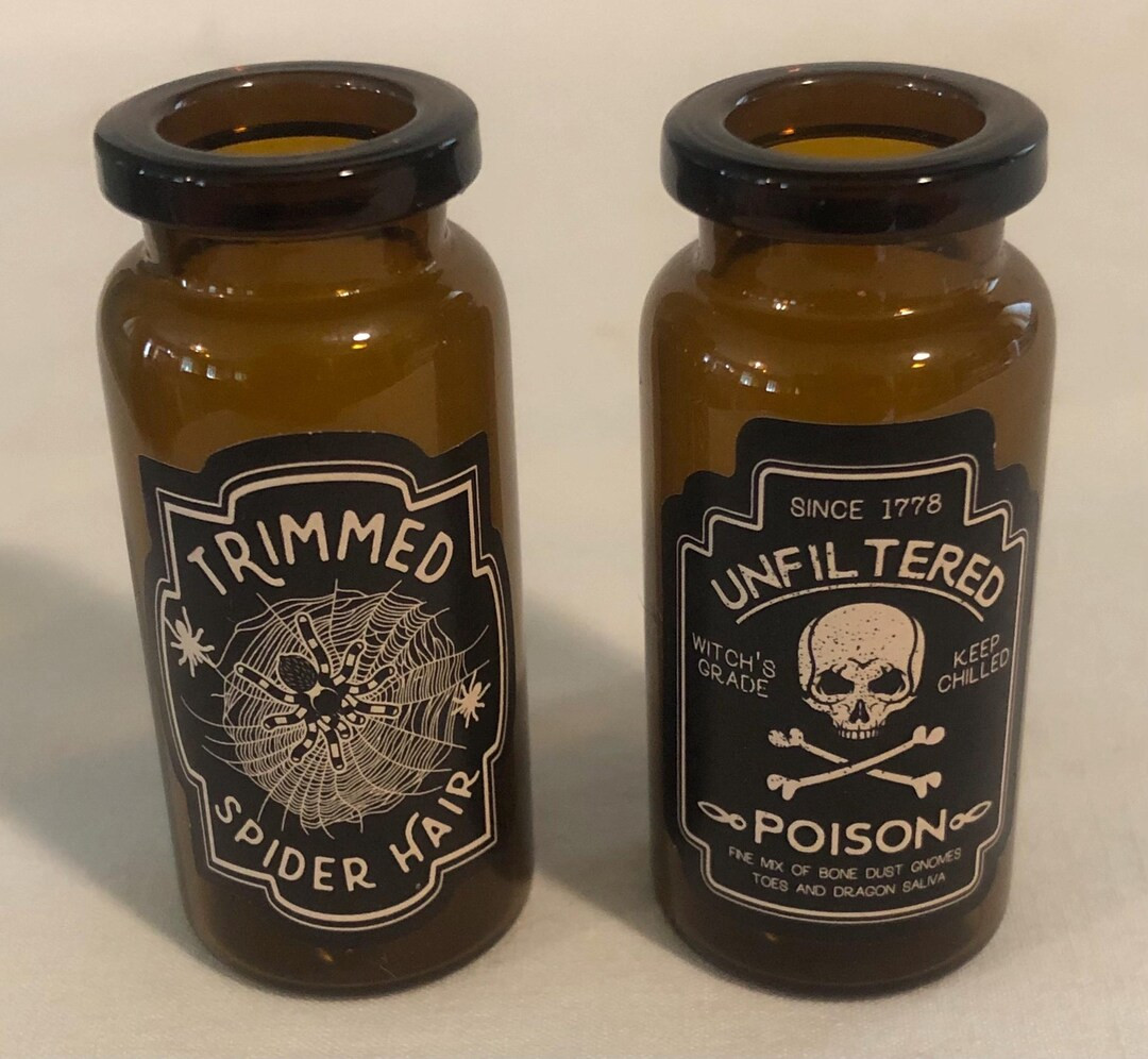 2 Vintage Amber Glass Halloween Apothecary Bottles Poison & Trimmed Spider Hair - Etsy | Etsy (US)