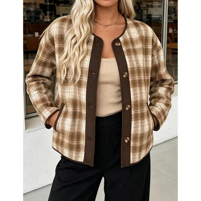 Women Crew Neck Plaid Jacket Casual Long Sleeve Button Down Cropped Plaid Coat with Pockets, Khaki, S | Target