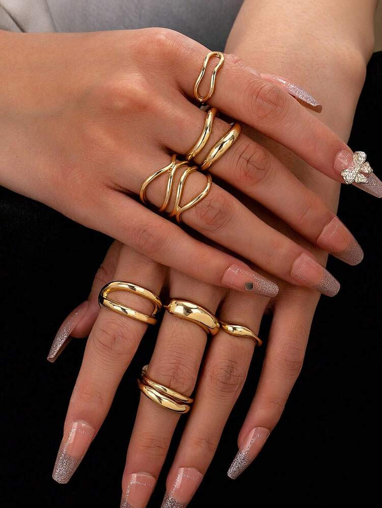7Pcs Gold Metal Thick Ring Set, Women's Minimalist Criss-Cross Stackable Rings, Simple Everyday Wear Finger Ring Jewelry | SHEIN