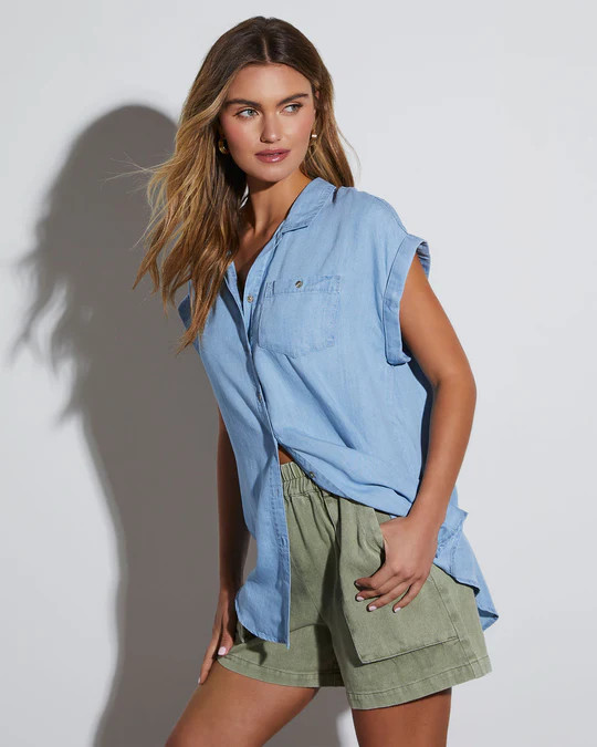 Uptown Denim Short Sleeve Button Down Top | VICI
