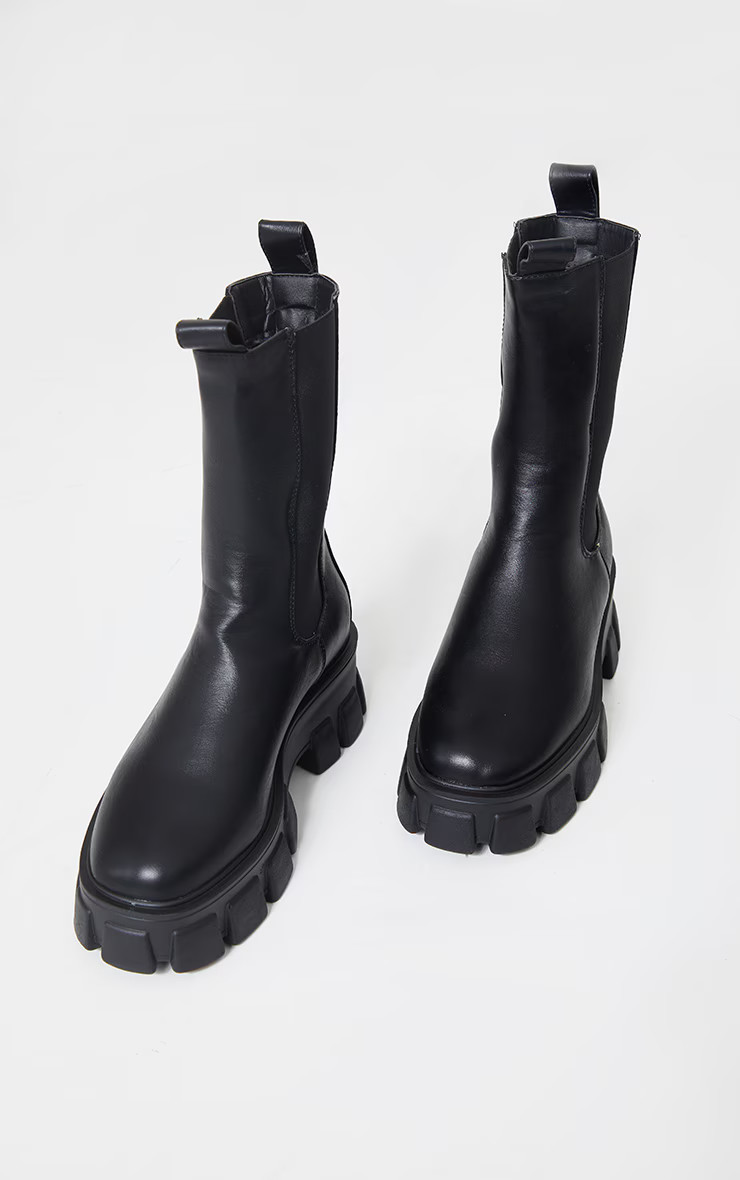 Black Extreme Chunky Sole Calf High Chelsea Boots | PrettyLittleThing US