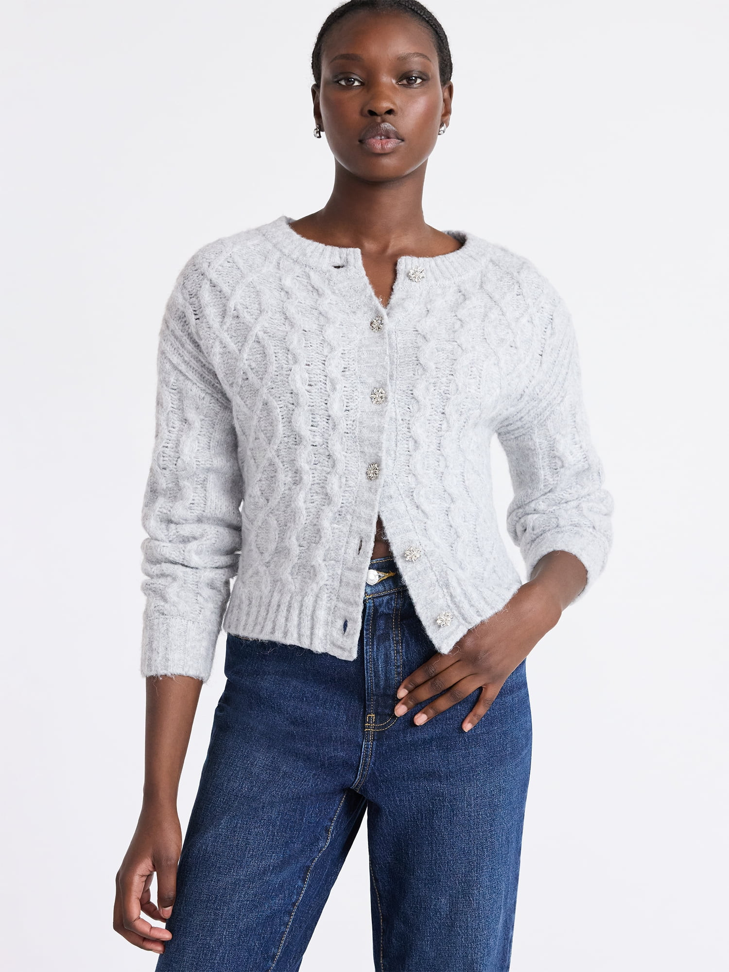 Free Assembly Women's and Women's Plus Cropped Cable Cardigan Sweater, Midweight, Sizes XS-4X | Walmart (US)