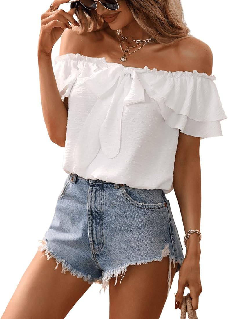 Women's Off Shoulder Ruffle Trim Knot Front Blouse Tiered Layer Butterfly Short Sleeve Chiffon To... | Amazon (US)