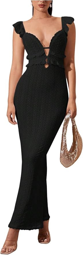 SOLY HUX Women's Maxi Dress Crochet Ruffle Sleeveless Backless Bodycon Long Dresses | Amazon (US)