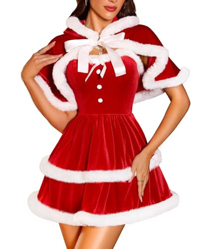 RSLOVE Christmas Outfits for Women - Sexy Christmas Dress with Cape 2Pcs Velvet Santa Costume Xmas Babydoll Furry M | Amazon (US)