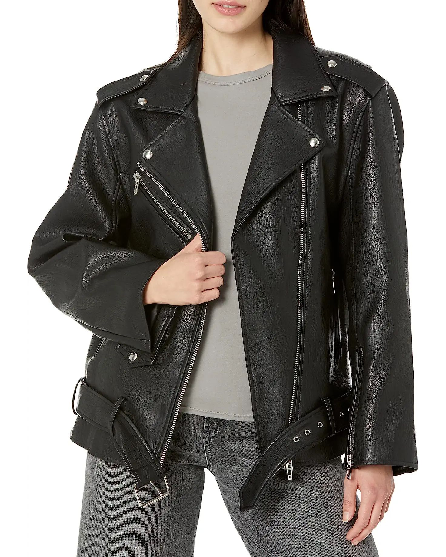 Black Leather Textured Long Moto Jacket in Finding Love | Zappos