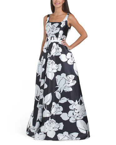 Sleeveless Floral Mikado Gown With Belt For Women, Polyester | TJ Maxx