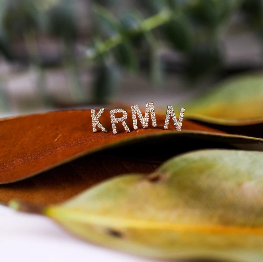 14k Diamond Stud Earrings, Initial Earrings, Small Initial Earrings, Minimalist, Small Stud Earri... | Etsy (US)