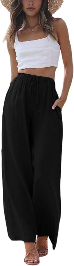 Faleave Women's Cotton Linen Summer Palazzo Pants Flowy Wide Leg Beach Trousers with Pockets | Amazon (US)