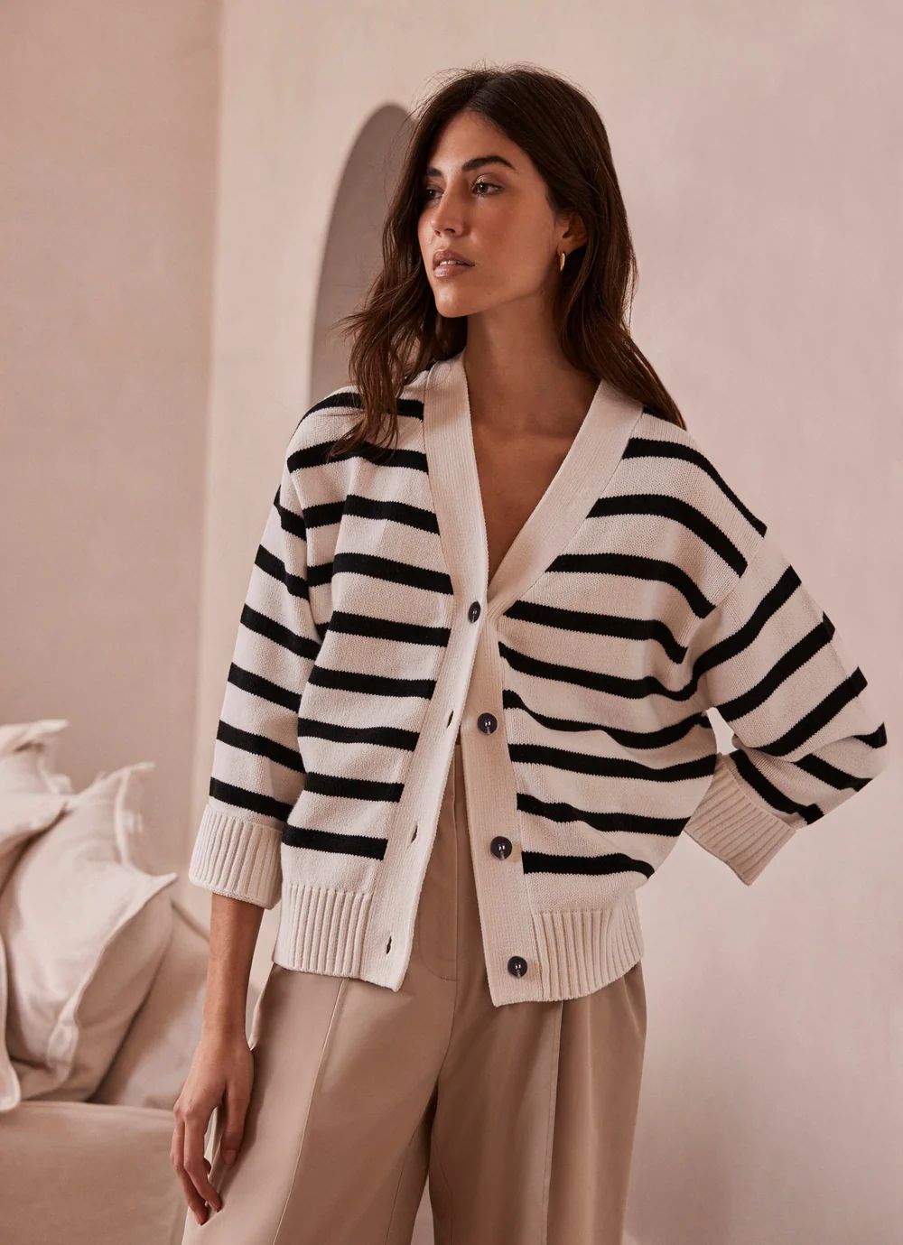 White Cotton Blend Stripe Boxy Cardigan | Mint Velvet
