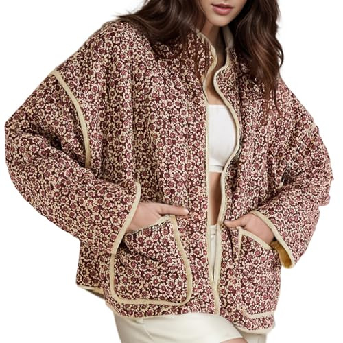 Yimoon Women's Cropped Puffer Quilted Jacket Vintage Floral Print Open Front Lightweight Short Jacket Outwear | Amazon (US)