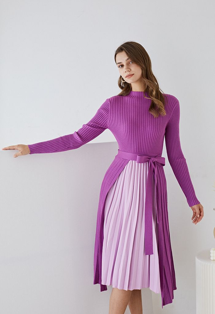 Front Pleats Splicing Belted Hi-Lo Knit Dress in Violet | Chicwish