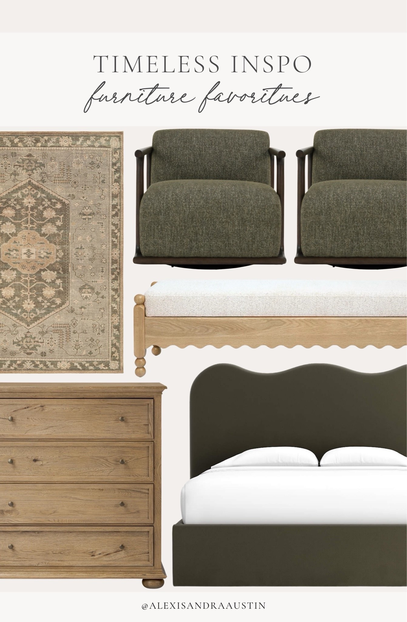 Timeless furniture favorites! Sharing some of my favorite recent finds with a stunning pop of green to pair against neutral wood tones and vintage inspired finds. 

Home finds, neutral home inspo, furniture favorites, spring refresh, pops of green, accent chair, vintage style area rug, upholstered bed frame, tall dresser, accent bench, bedroom refresh, living room refresh, McGee and Co, Four Hands,

#LTKSeasonal