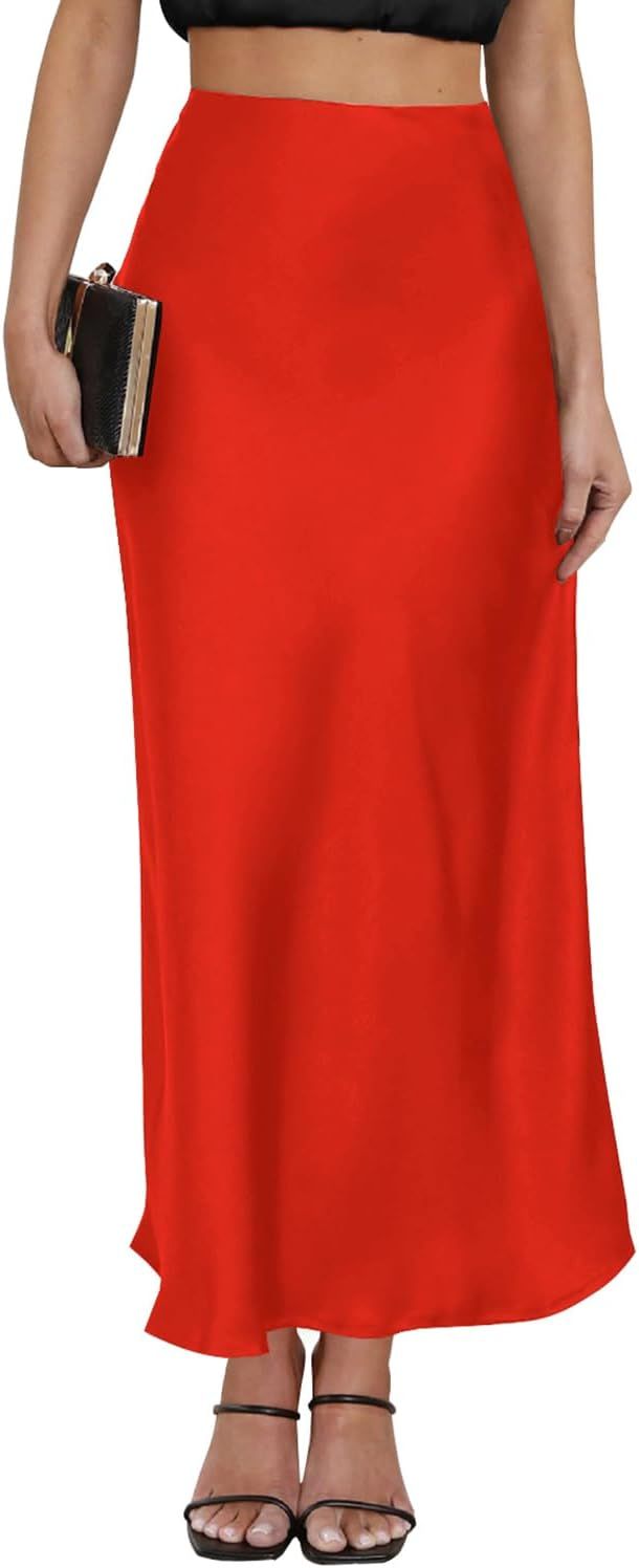 2024 Satin High Waisted Maxi Skirt Silk A-Line Spring Summer Casual Long Skirts for Women | Amazon (US)