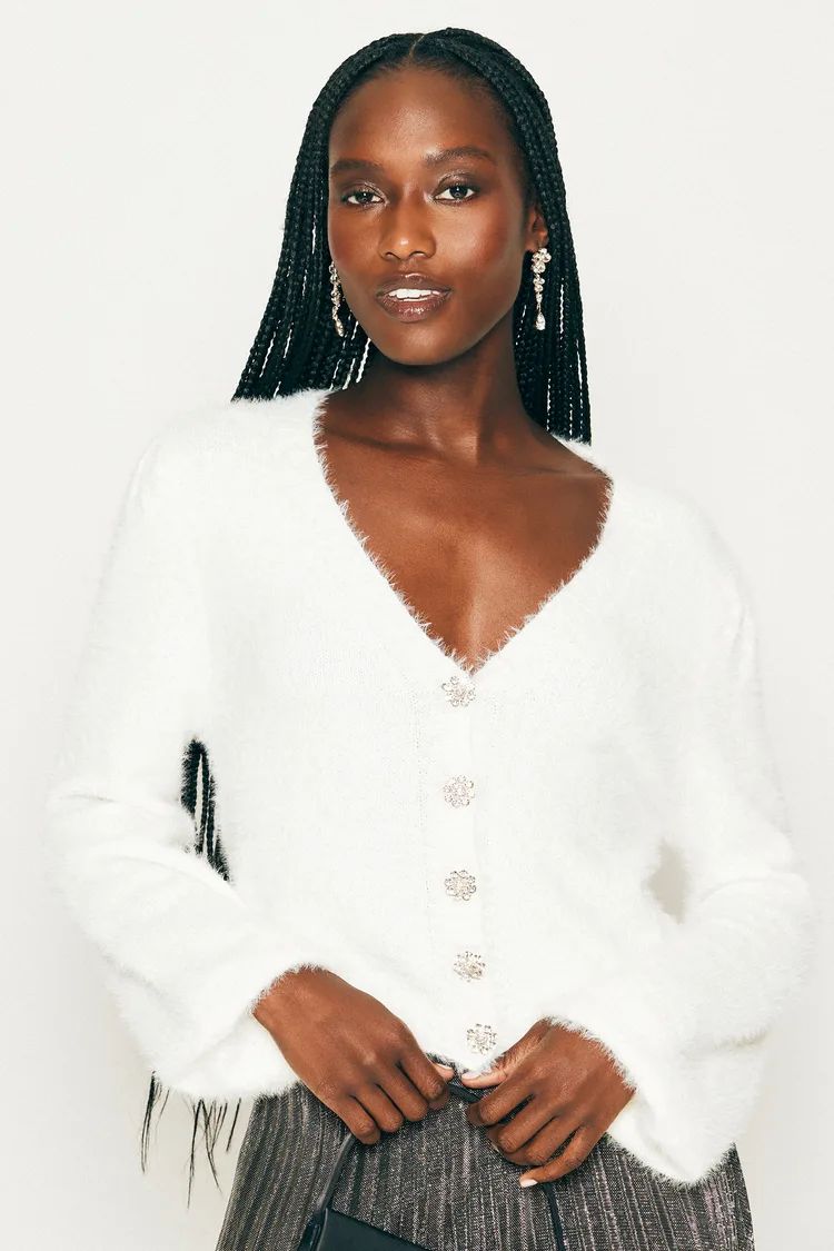 Dashing Darling Ivory Eyelash Knit Rhinestone Cardigan Sweater | Lulus (US)