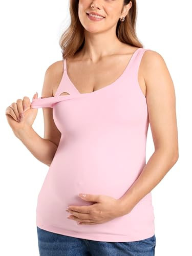 MOMANDA Maternity Nursing Tank Tops with Built in Bra Sleeveless Casual Pregnancy Tee V Neck Workout Shirt Sweet Pink X-Large | Amazon (US)