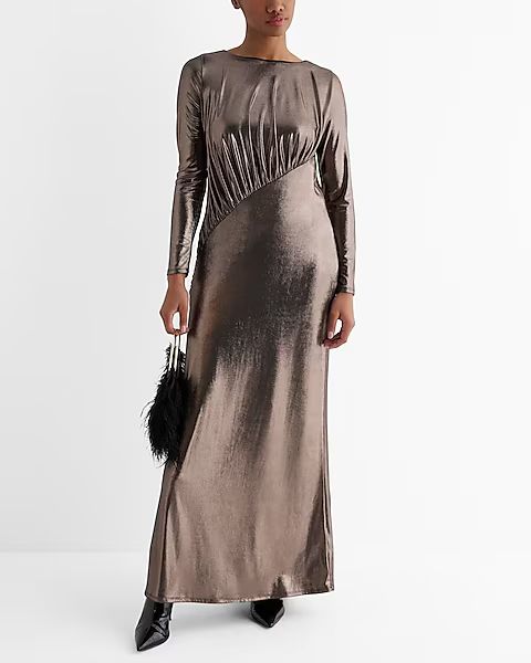Metallic Boat Neck Long Sleeve Ruched Top Maxi Dress | Express