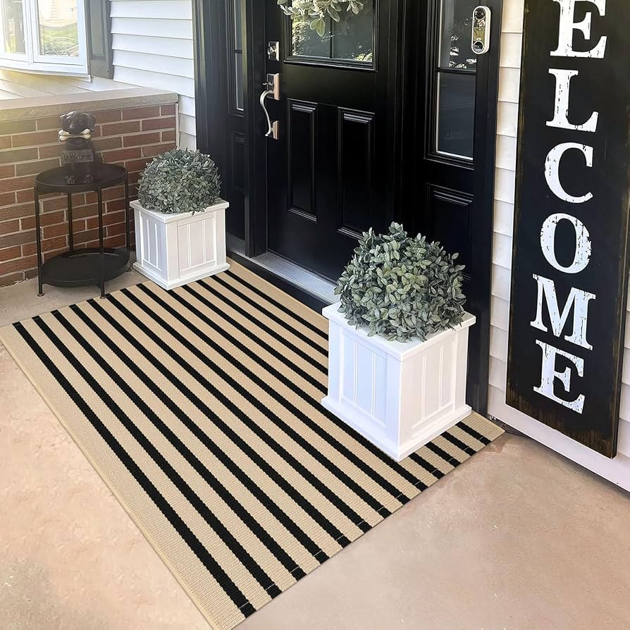 KILOCOCO Striped Rug 3'x5' Front Door Rug Woven Cotton Washable Stripe Layered Doormats Indoor Ou... | Amazon (US)
