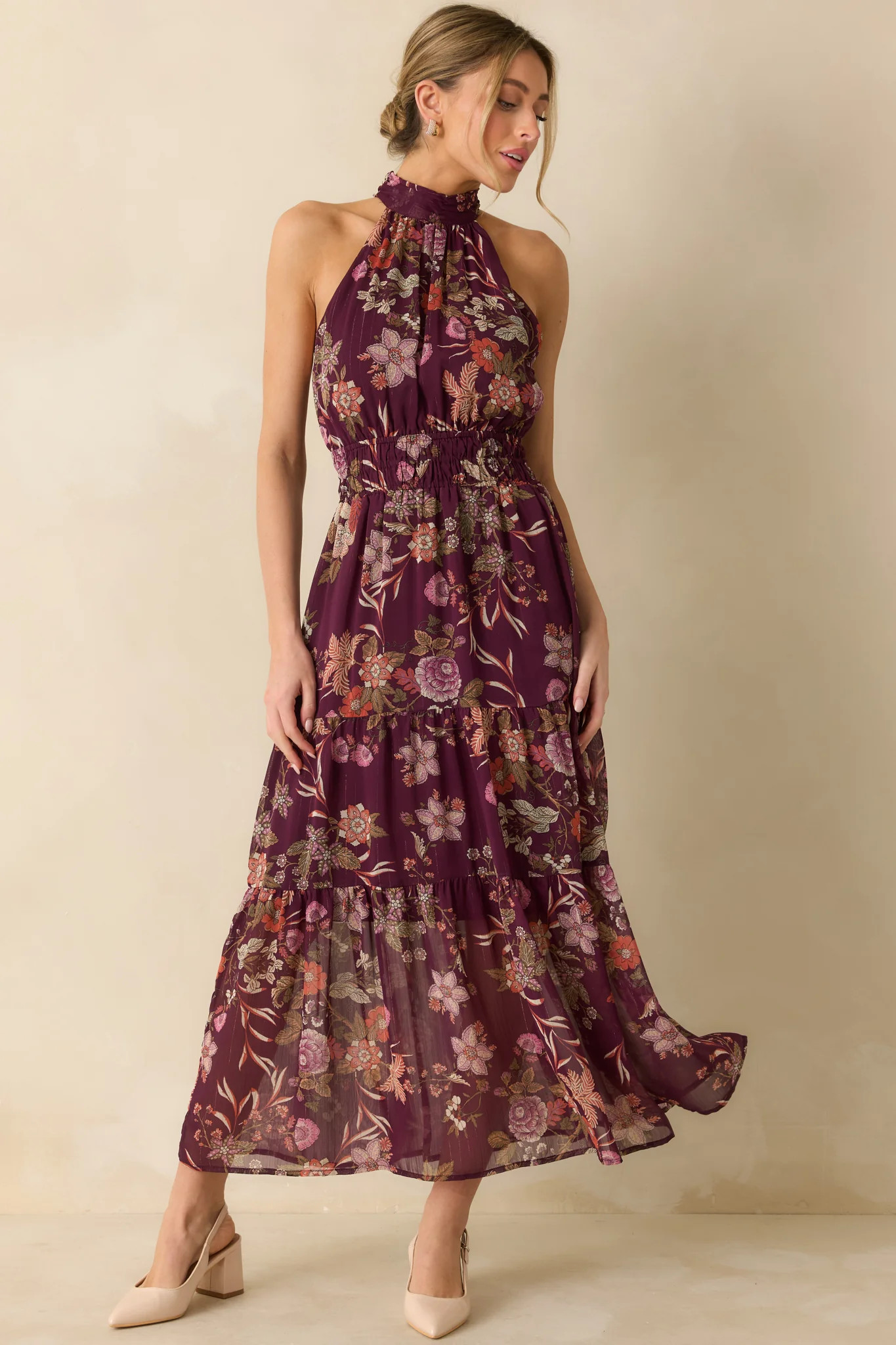 Flirt With Flora Berry Purple Multi Floral Print Halter Maxi Dress | Red Dress