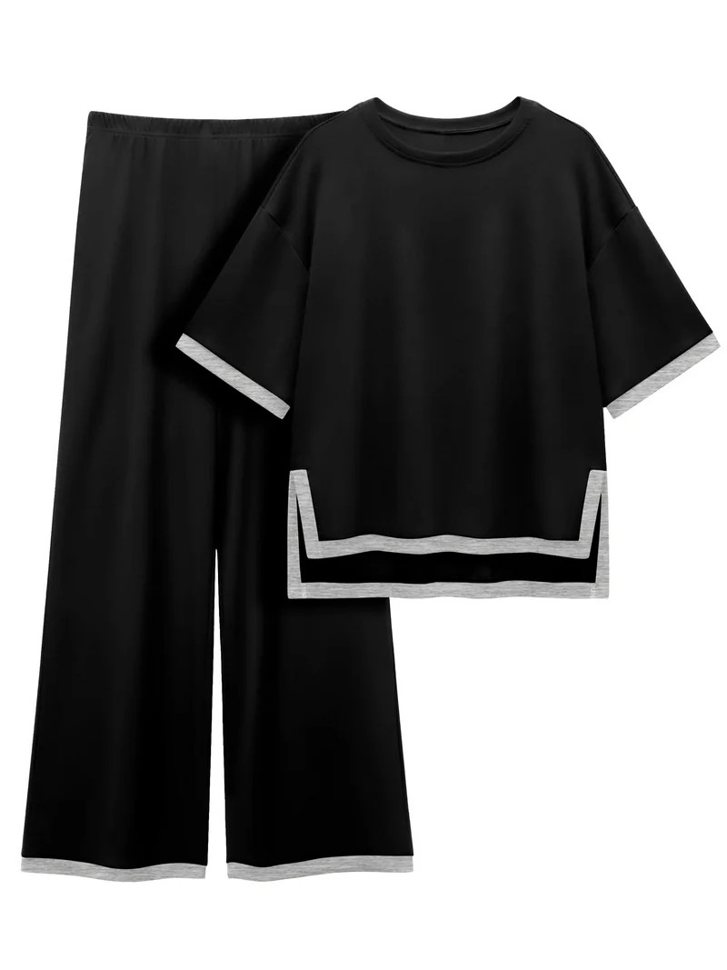 MINTREUS Women's Cotton 2-Piece Loungewear Short-Sleeve Round-Neck Pullover Top Wide-Leg Pants Wo... | Walmart (US)