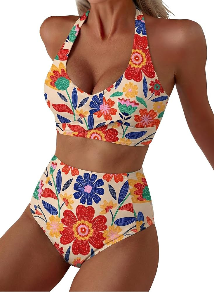 Herseas Women's High Waisted 2 Piece Bikini Sets Halter Patch Pocket Swimsuits 2026 Striped Bathi... | Amazon (US)