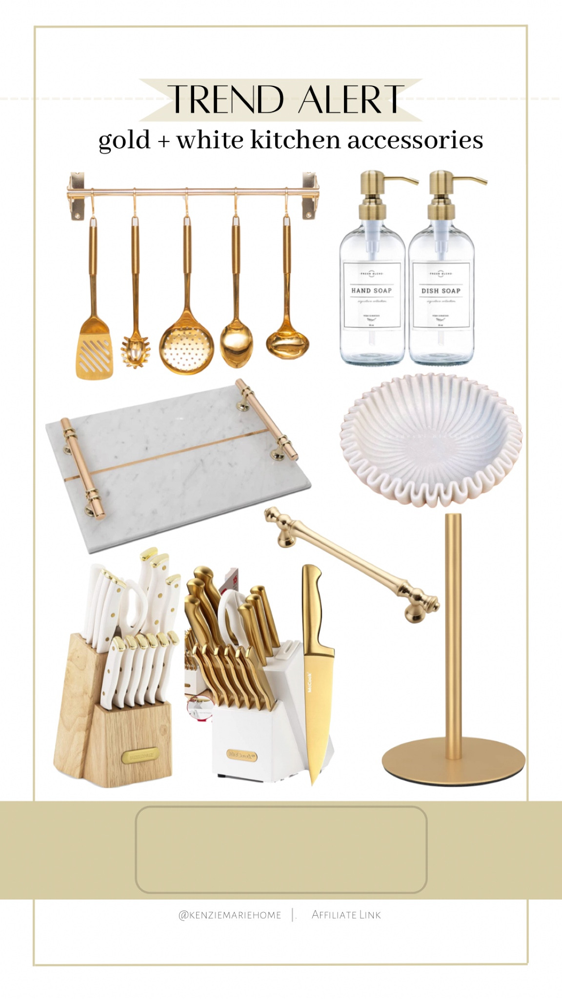 Gold and white kitchen decor and accessories including knives, marble, utensils, cabinet hardware 

#LTKsalealert #LTKfindsunder100 #LTKhome