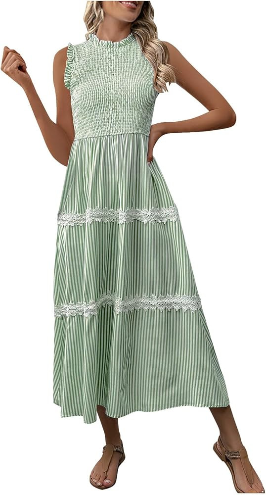 Womens Striped Smocked Maxi Dress Sleeveless Tiered Ruffle Trim Lace Summer Sundress Casual Beach... | Amazon (US)
