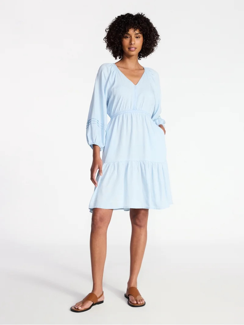 Time and Tru Women's Tiered Mini Dress with ¾ Sleeves, Sizes XS-XXXL | Walmart (US)
