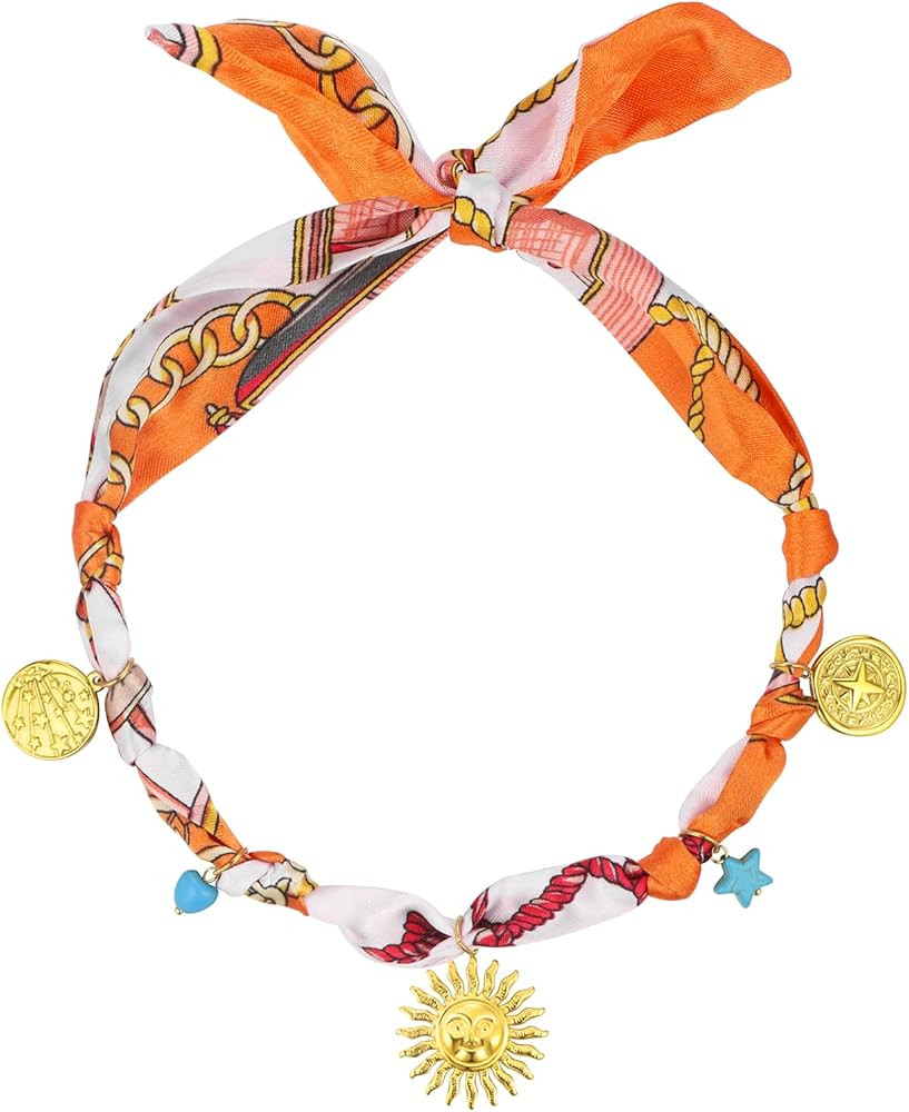 Hipunk Boho Silk Scarf Necklace with Gold Plated Heart Love Sun Rose Flower Star Fish Charms, Adj... | Amazon (US)