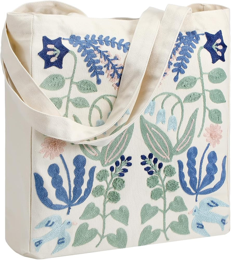 Aliceset Aesthetic Embroidery Tote Bag for Women Floral Reusable Canvas Cute Shoulder Bag for Gym... | Amazon (US)
