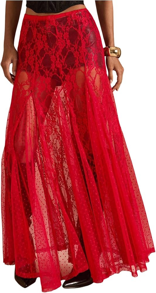 WDIRARA Women's Sexy See Through Sheer Lace Maxi Skirt Low Waist Ruffle Hem A Line Flowy Skirt | Amazon (US)