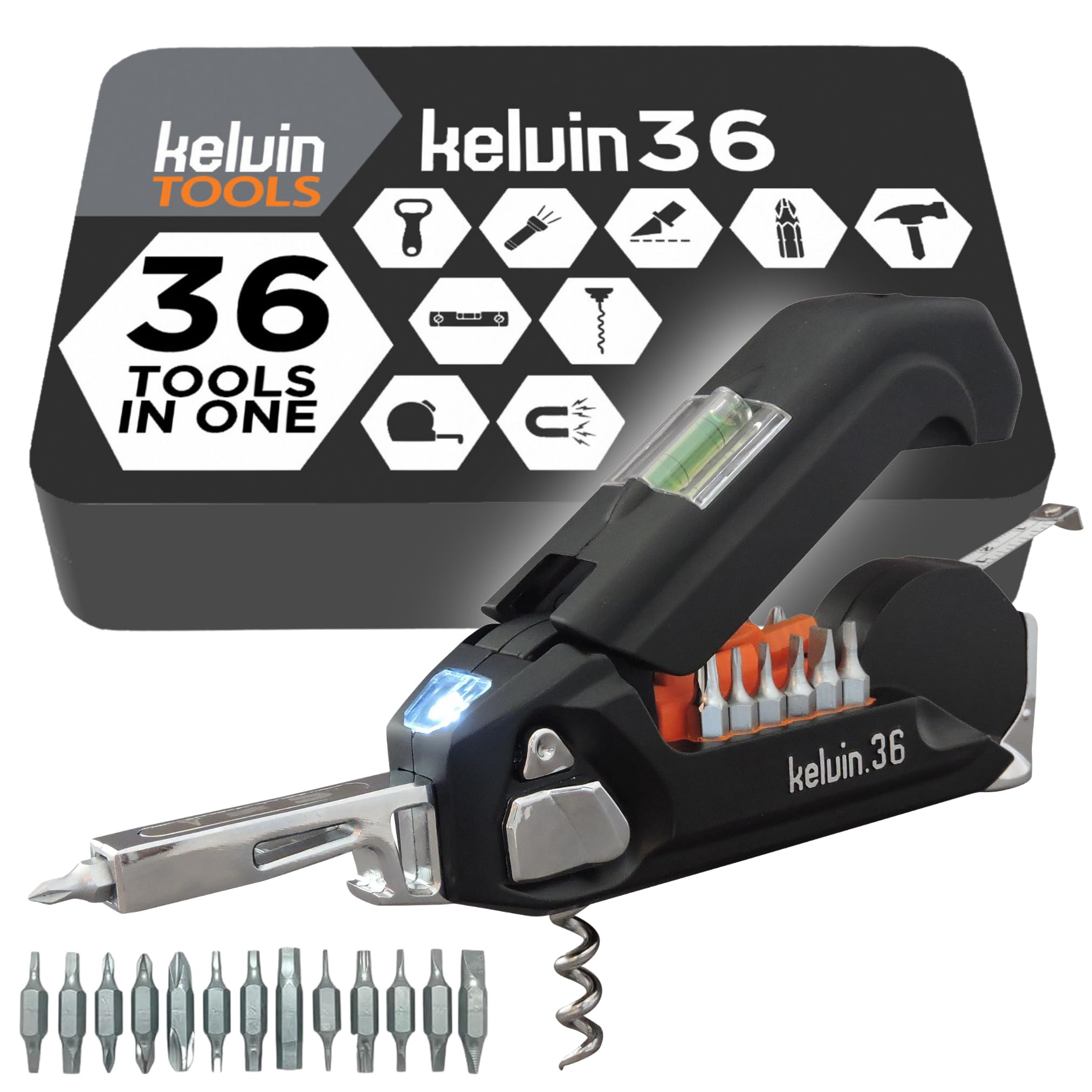 Kelvin Tools K-36 Multi-Tool Set, 36 Integrated Tools, 26 Bit Screwdriver Set, Tape Measure, Corkscrew (Black) | Amazon (US)