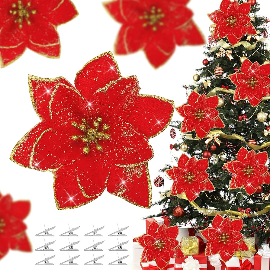 36 Pcs Christmas Glitter Poinsettia Flowers Artificial Flower Ornaments Fake Flower Decorations G... | Amazon (US)