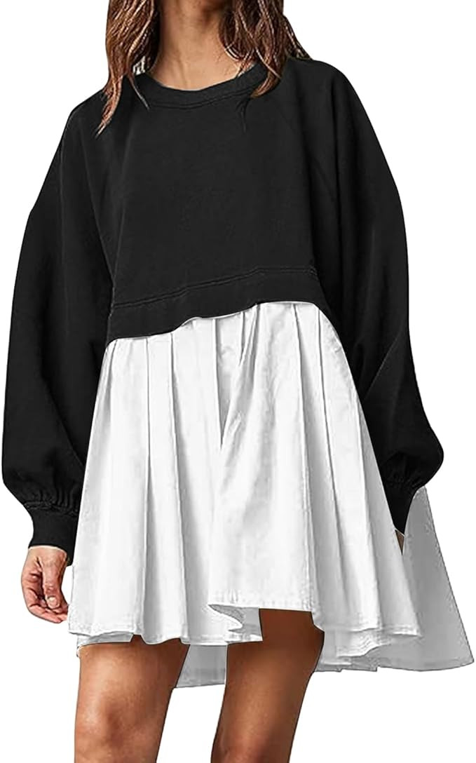 Womens Oversized Sweatshirt Dress Casual Crewneck Long Sleeve Pullover Tops Pleated Patchwork Swe... | Amazon (US)
