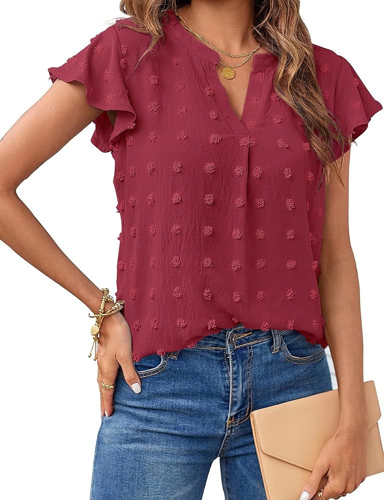 MEROKEETY Women 2024 Summer V Neck Ruffle Short Sleeve Blouse Swiss Dot Flowy Shirt Tunic Top | Amazon (US)