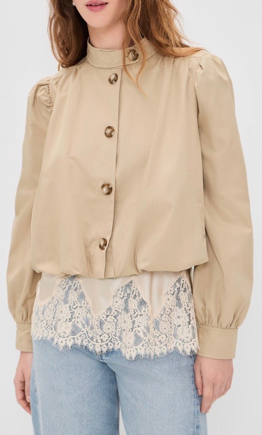 Cropped trench 
Lace tank top
Lace trim
Jeans 

#LTKootd