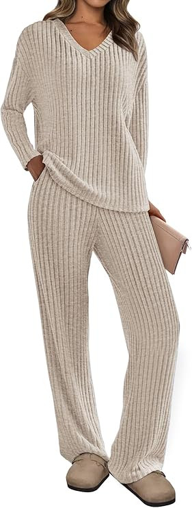 PRETTYGARDEN Women's 2 Piece Lounge Sets Ribbed Knit Long Sleeve V Neck Pullover Tops Wide Leg Pa... | Amazon (US)