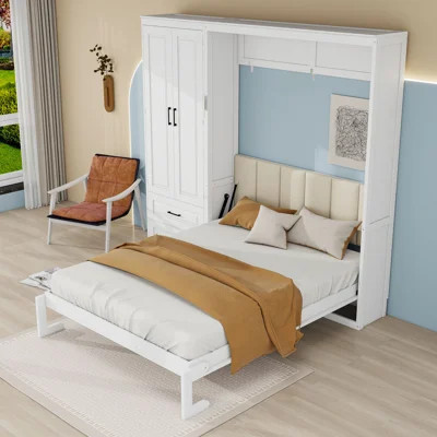 Queen Wooden Murphy Bed with Storage Drawers, Wardrobe and Upholstered Headboard | Wayfair North America