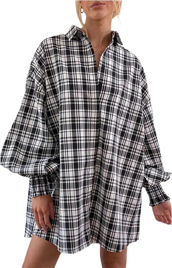 Plaid Flannel Shirts for Women - Oversized Long Sleeve Button Down Shirt Dresses Shacket Blouse T... | Amazon (US)