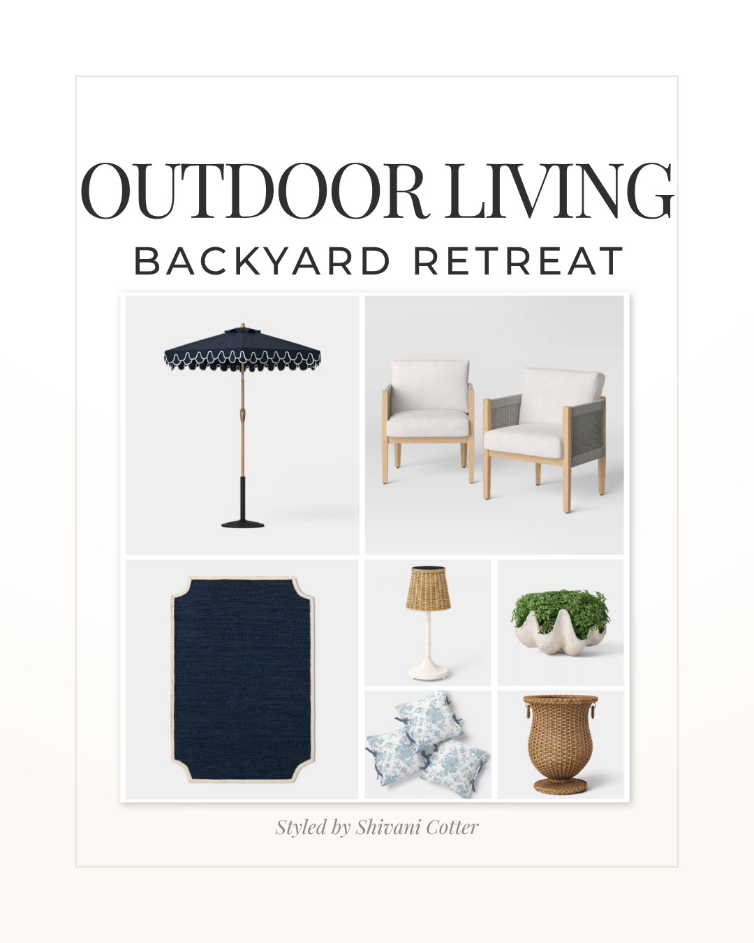 Classic Navy & White Backyard Retreat
I love a backyard that feels like a coastal resort, and this outdoor living setup is everything.
Classic navy and white paired with natural textures creates a timeless, preppy patio look that feels elevated but still relaxed. Think comfortable lounge seating, layered outdoor rugs, woven accents, and soft lighting that makes your space feel like a true backyard retreat.
What makes this outdoor space work:
• Navy and white outdoor color palette for a clean, coastal look
• Scalloped patio umbrella for that high-end, designer feel
• Neutral outdoor chairs that mix with everything
• Layered outdoor pillows for a soft, inviting setup
• Wicker and woven planters for texture and warmth
• Outdoor tabletop lighting for cozy evenings outside
This is the kind of outdoor patio setup that works for summer hosting, morning coffee, or winding down at sunset.
Everything is linked in my LTK. Save this for your next backyard refresh. 

 #outdoorfurniture #LTKHome