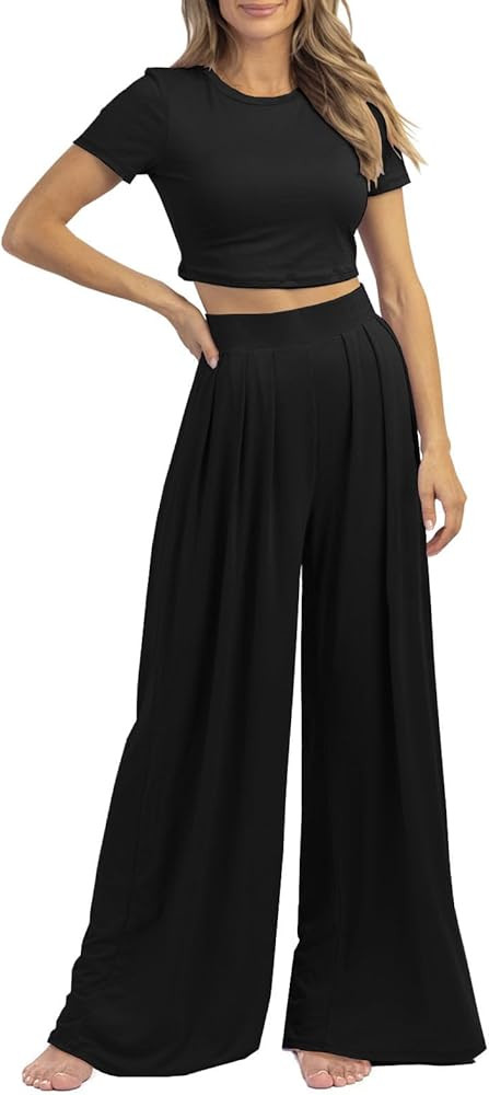 Womens 2 Piece Lounge Sets Summer Short Sleeve Crop Top Two Piece Outfit Wide Leg Palazzo Pants S... | Amazon (US)