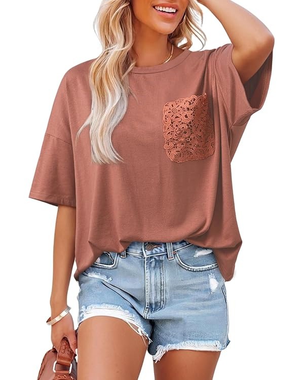 Dokotoo Womens Summer Tops Oversized Lace Cute Lace Short Sleeves Casual T-Shirts 2026 Tops Loose... | Amazon (US)